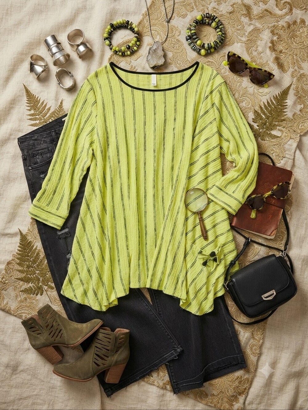 Ali Miles Green Black Stripe Long Sleeve Tunic Blouse Top